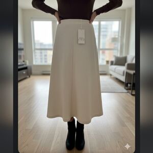 Zara Elegant Cream Woven A-Line Skirt, Sz L